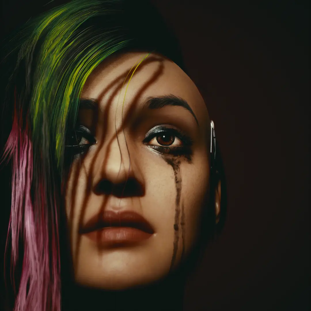 A close-up portrait of a person with vibrant green and pink hair, their face partially obscured by dark, vertical shadows…