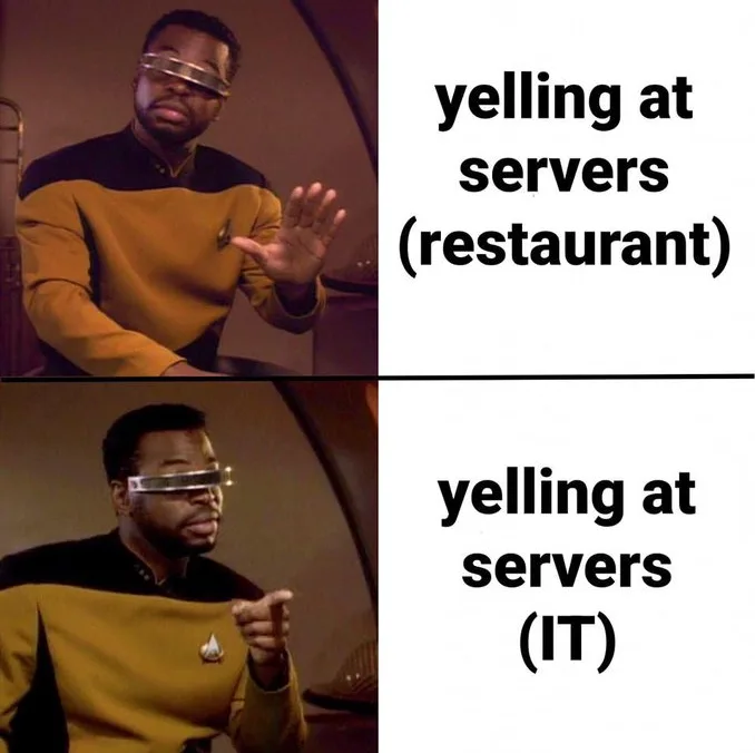 A two-panel meme featuring the same man in a Starfleet uniform with a transparent visor over his eyes. In the top panel, he…