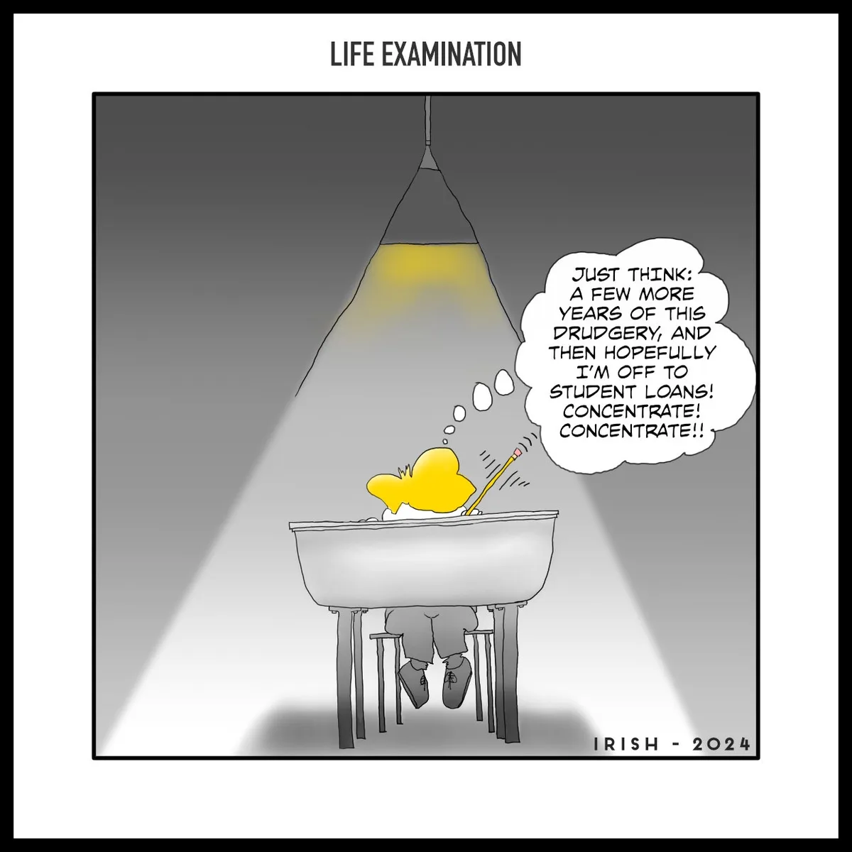 A cartoon depicts a person with a yellow head sitting at a desk under a spotlight, writing with a pencil. A thought bubble…