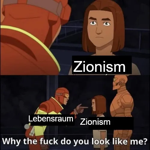 Two-panel meme from an animated show featuring a character in red pointing at another character. The top panel labels the…