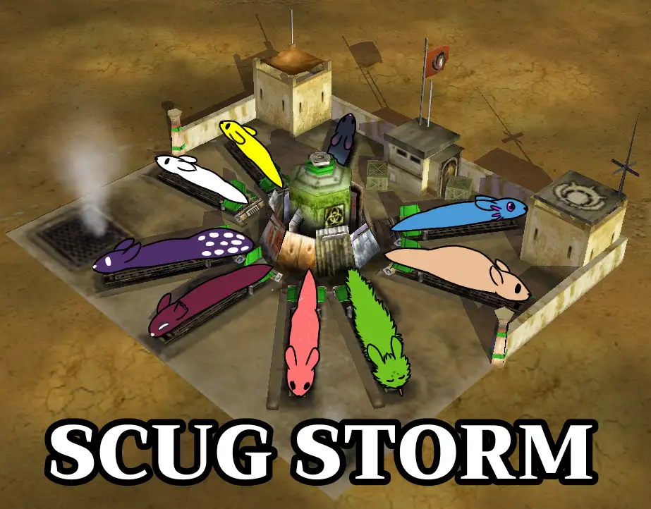 A screenshot from a video game shows a central green tank surrounded by eight colorful, cartoonish scug-like creatures on…