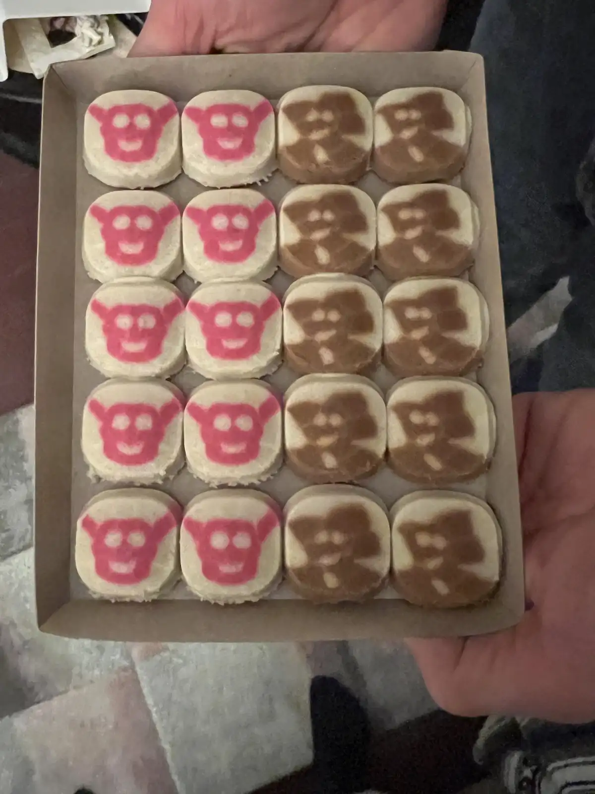 A box of 20 square-shaped cookies arranged in five rows of four, held by a person's hands. The cookies are divided into two…
