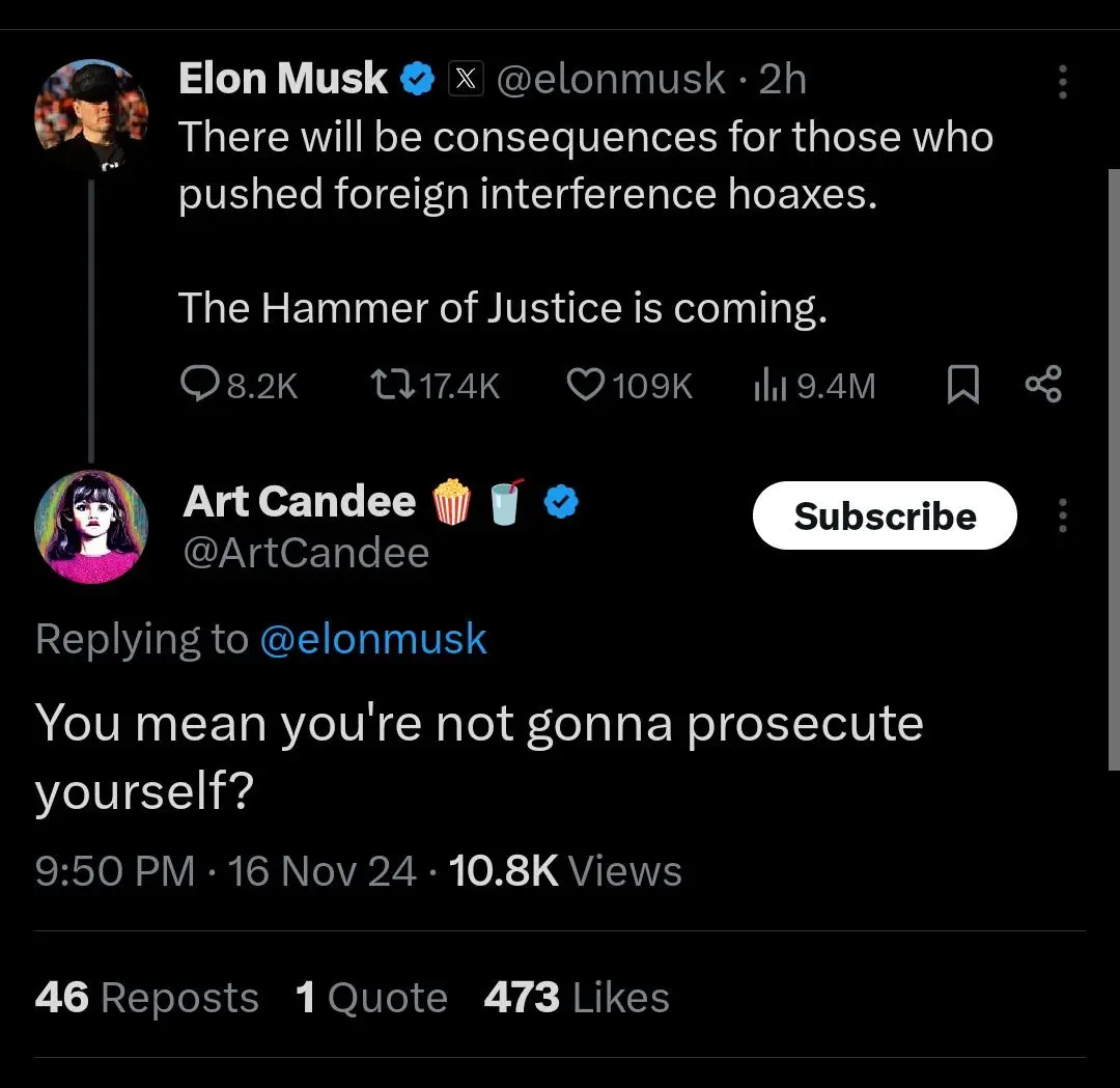 A screenshot of a Twitter/X thread shows Elon Musk's tweet threatening consequences for those who pushed foreign…