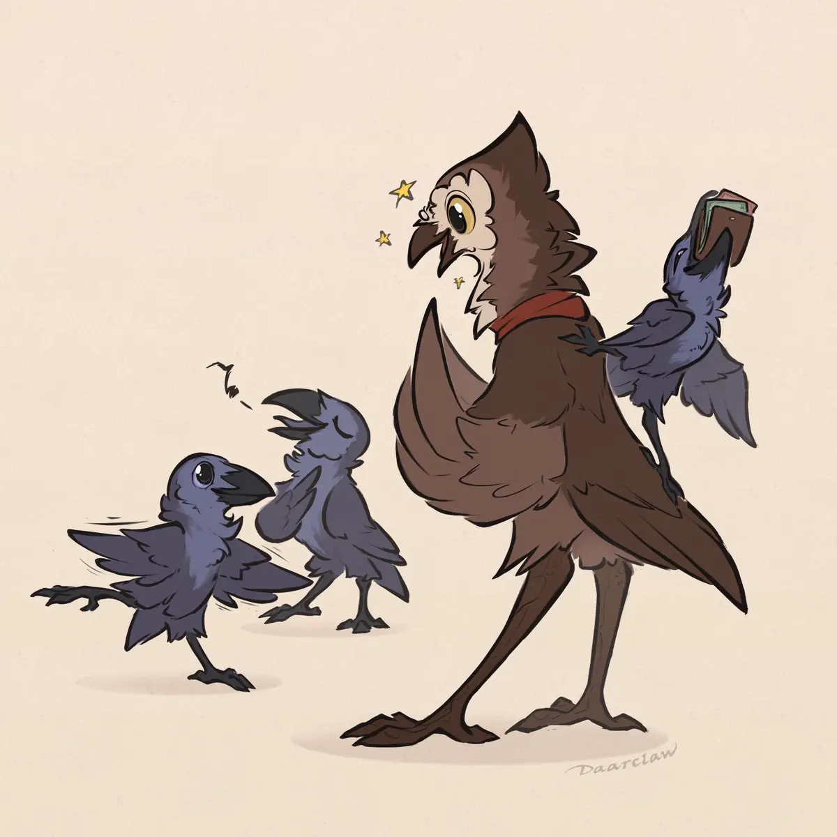 A cartoon illustration shows a large, brown, anthropomorphic bird with a red collar standing confidently, while a smaller…