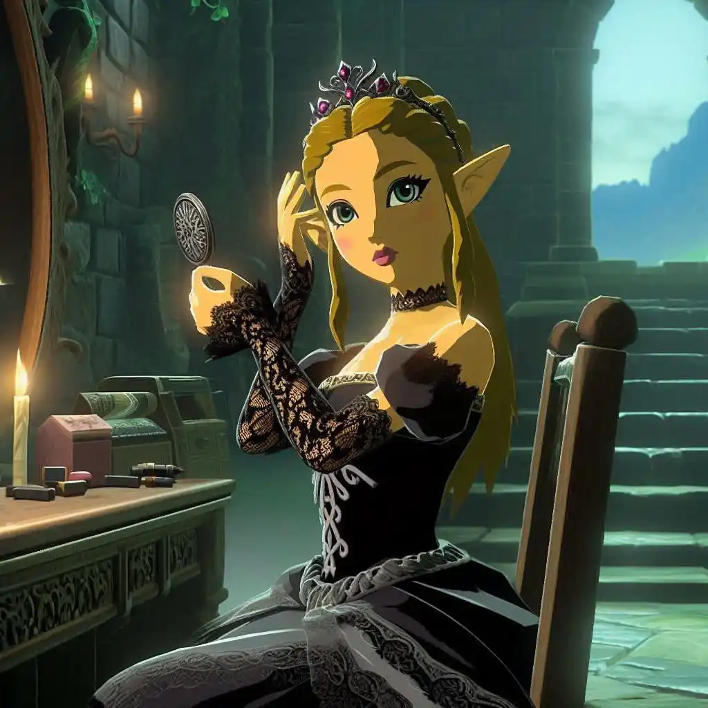 a character with pointed ears, blonde hair, and a crown sits in a chair in front of a vanity mirror, holding a small round…