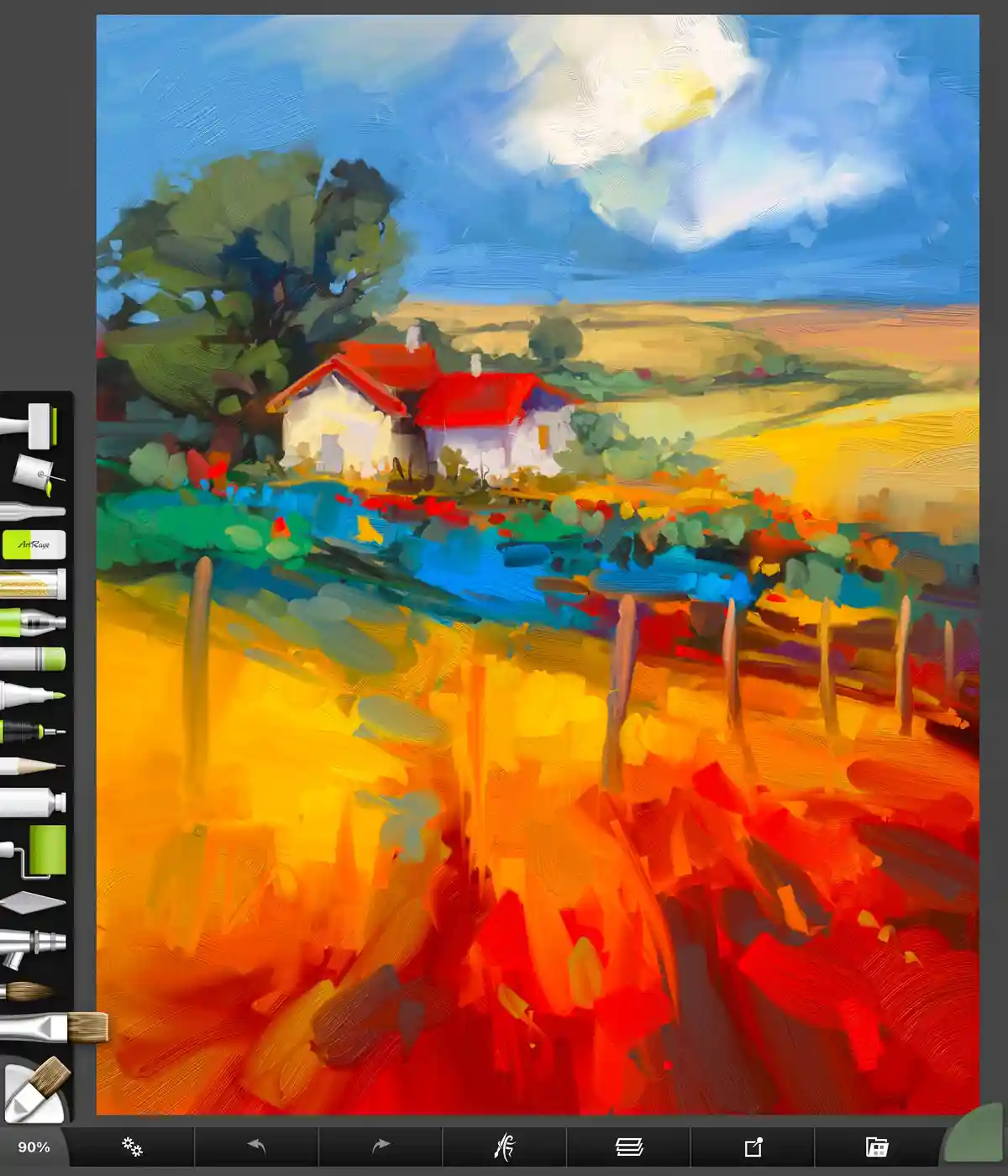 A digital painting in ArtRage software shows a vibrant, impressionistic landscape with houses, trees, and fields, but the…