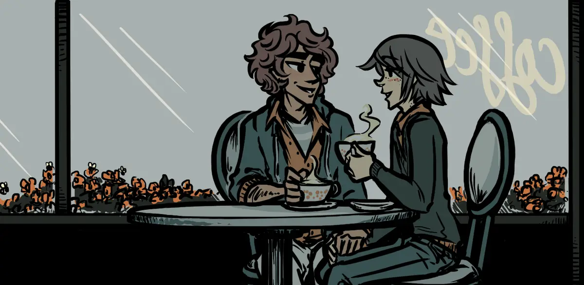 Two cartoon characters sit across from each other at a café table, each holding a steaming cup of coffee. The word 'coffee'…