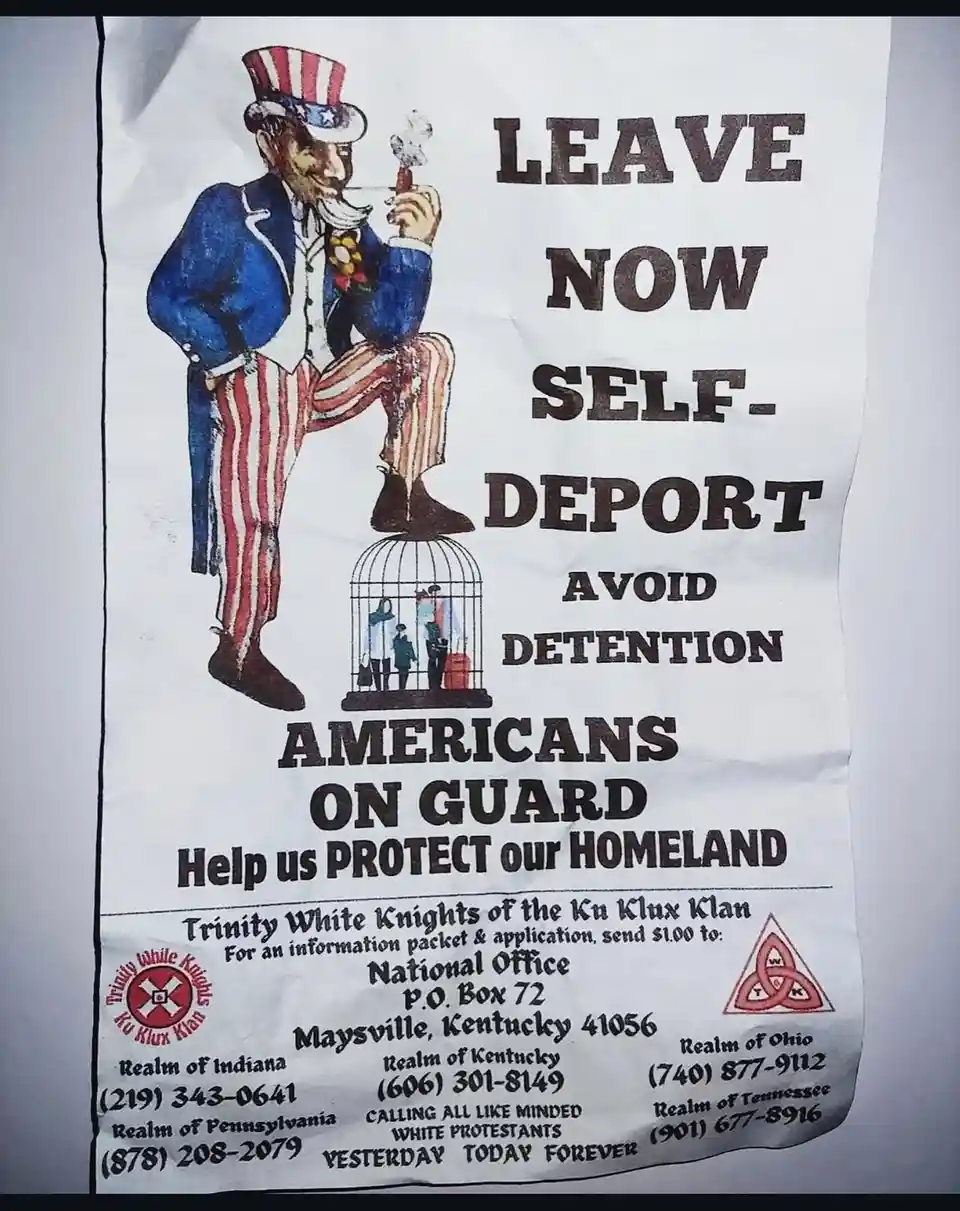 A crumpled white flyer features a cartoon Uncle Sam smoking a cigar, standing on a birdcage containing three small figures…