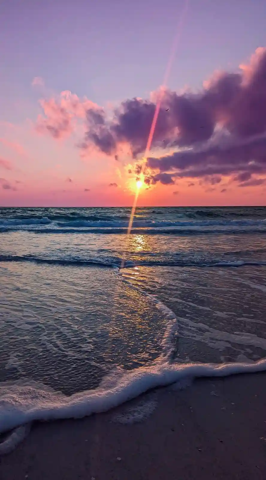 A serene beach sunset with pink and purple clouds, a glowing sun near the horizon, and gentle waves lapping at the shore…