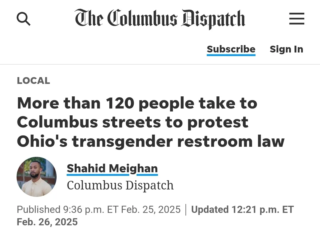 A screenshot of a news article from The Columbus Dispatch shows a headline about a protest against Ohio's transgender…