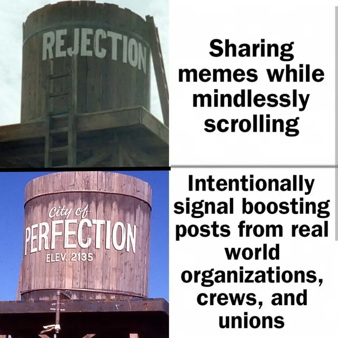 The image is a split-screen showing two wooden water towers. The top left shows a tower labeled 'REJECTION' with a ladder…