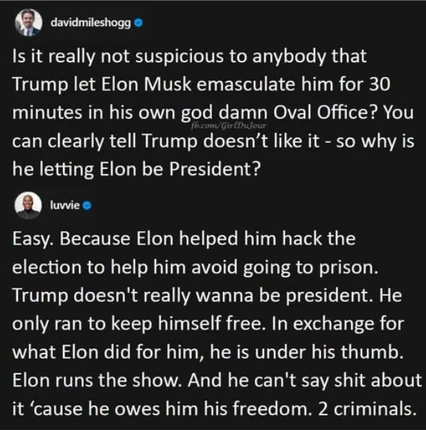 A screenshot of a Twitter thread shows user 'davidmilesogg' asking why Trump lets Elon Musk be president after Musk…