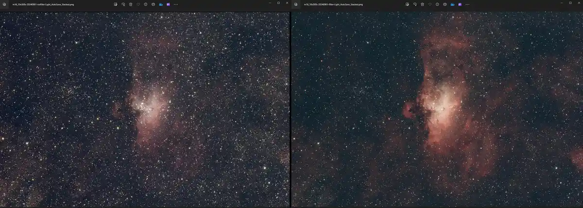 The image displays two side-by-side astronomical photos of the same starfield and nebula. The left image, labeled 'before…