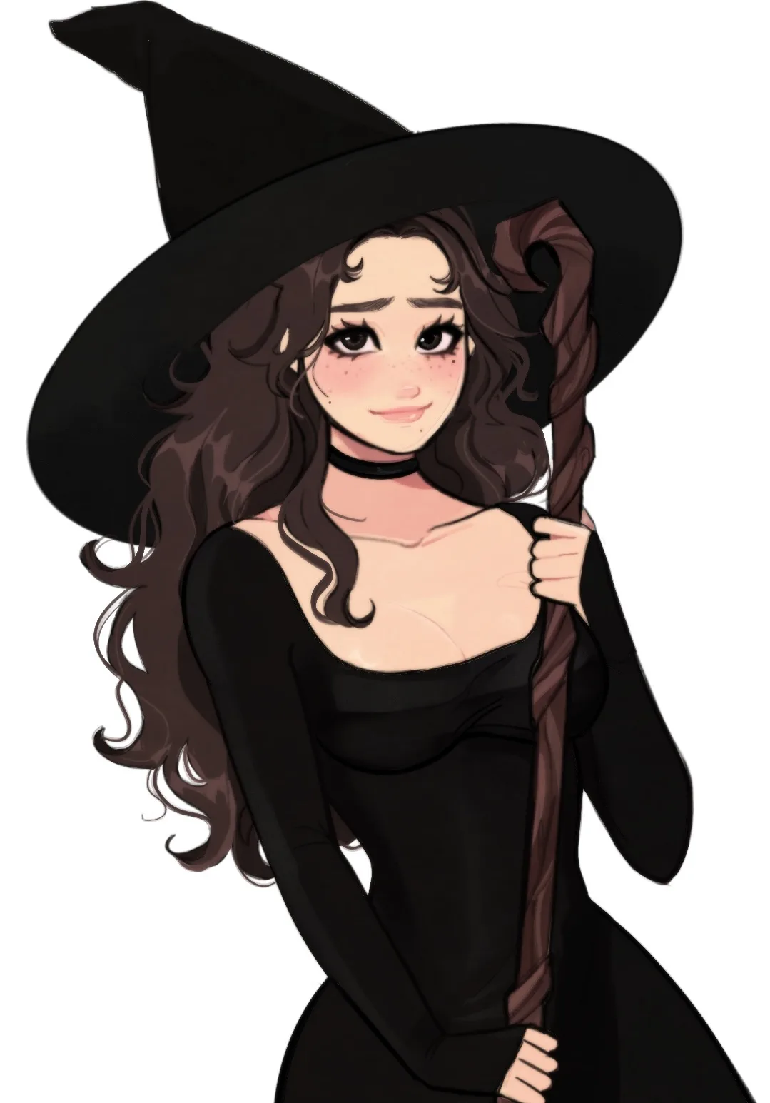 An anime-style illustration of a young woman with long brown wavy hair, wearing a black witch's hat and a black dress with a…