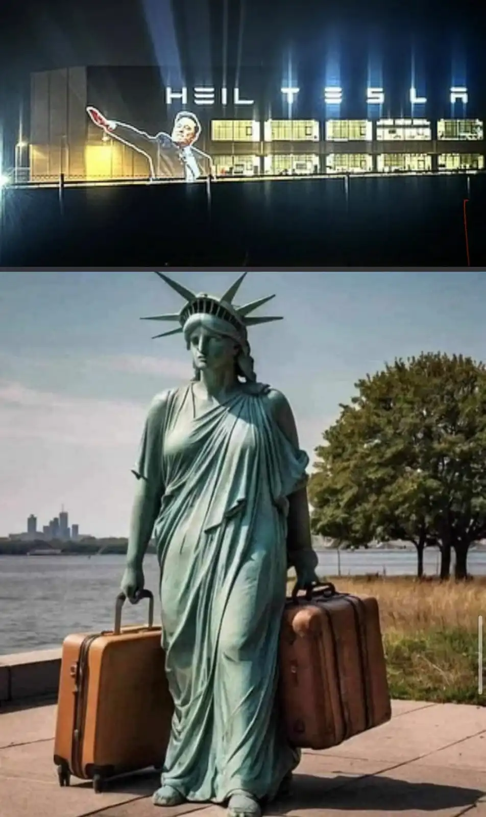 The top panel shows a building with 'HEIL TESLA' lit up and a giant projection of Elon Musk waving. The bottom panel shows…