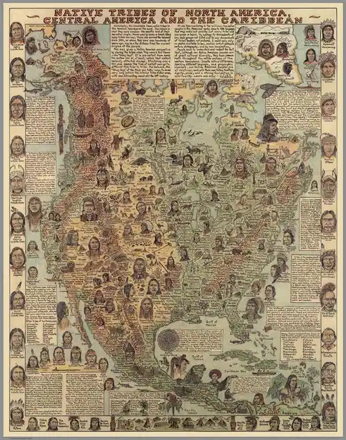 A detailed illustrated map of North America, Central America, and the Caribbean, labeled with the names of numerous Native…