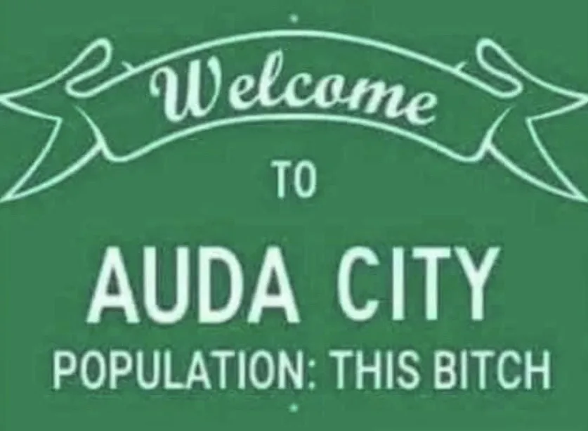 A green welcome sign with white text reads 'Welcome TO AUDA CITY POPULATION: THIS BITCH'. The sign has a decorative banner…