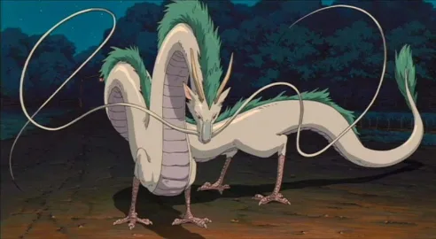 A white, multi-headed dragon with green spines and long, flowing tendrils stands on a wooden floor at night. The overlaid…