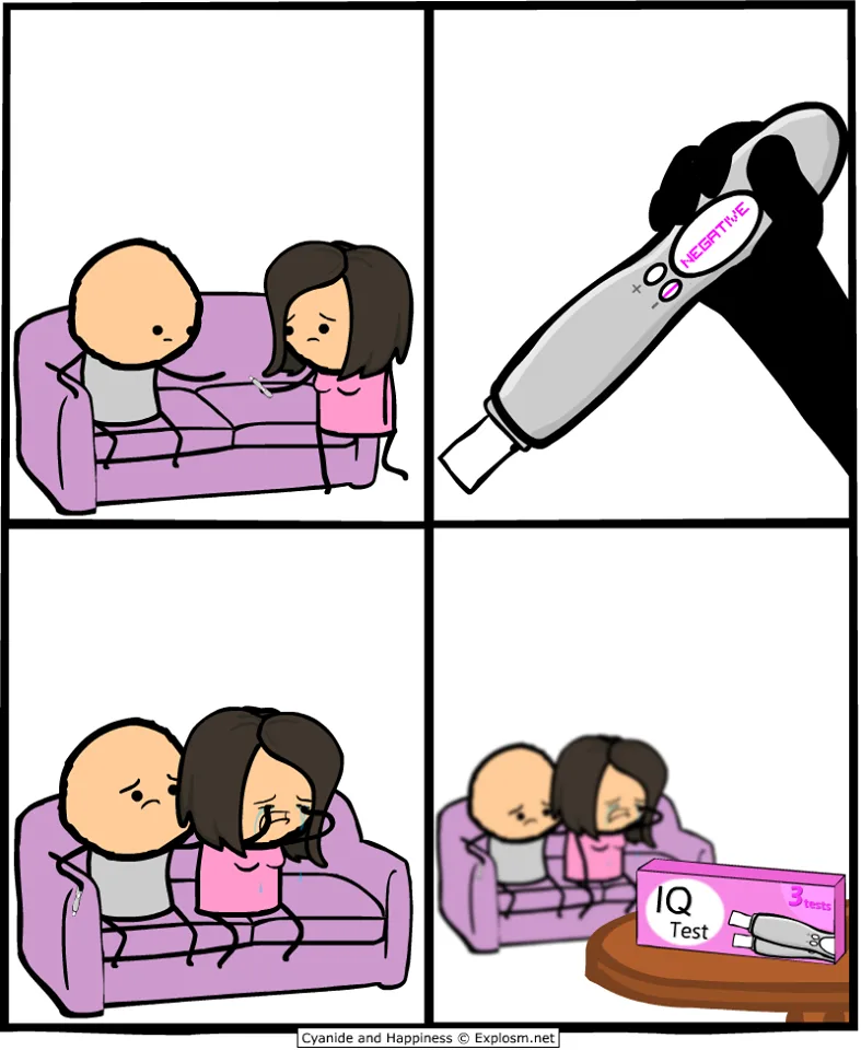 A four-panel comic shows a couple on a couch, a hand holding a pregnancy test showing 'NEGATIVE', the couple looking sad…