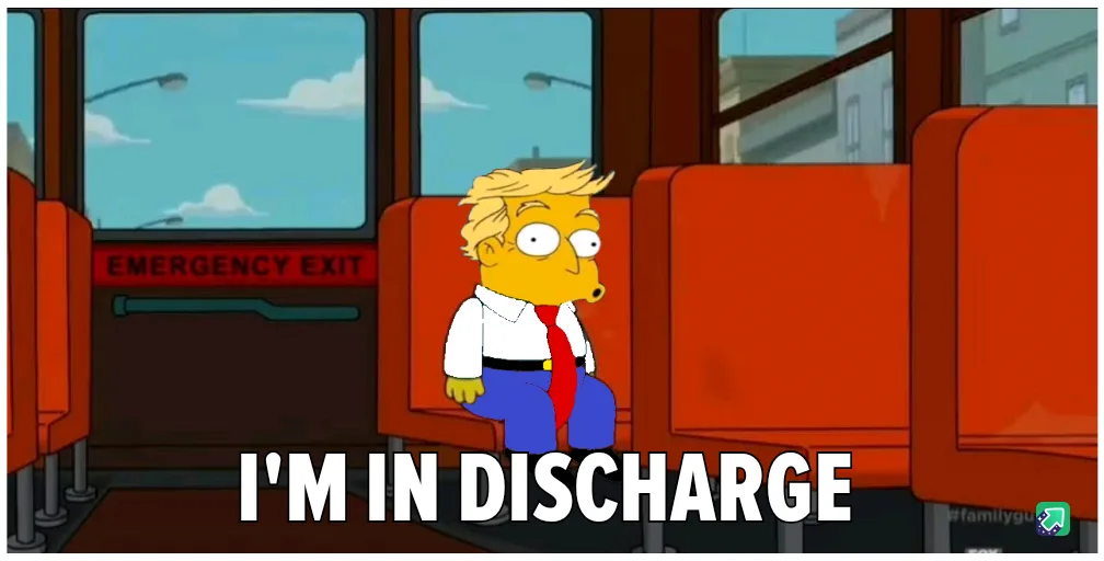 A cartoon character with blonde hair, wearing a white shirt, red tie, and blue pants, sits alone on a red bus seat. Behind…