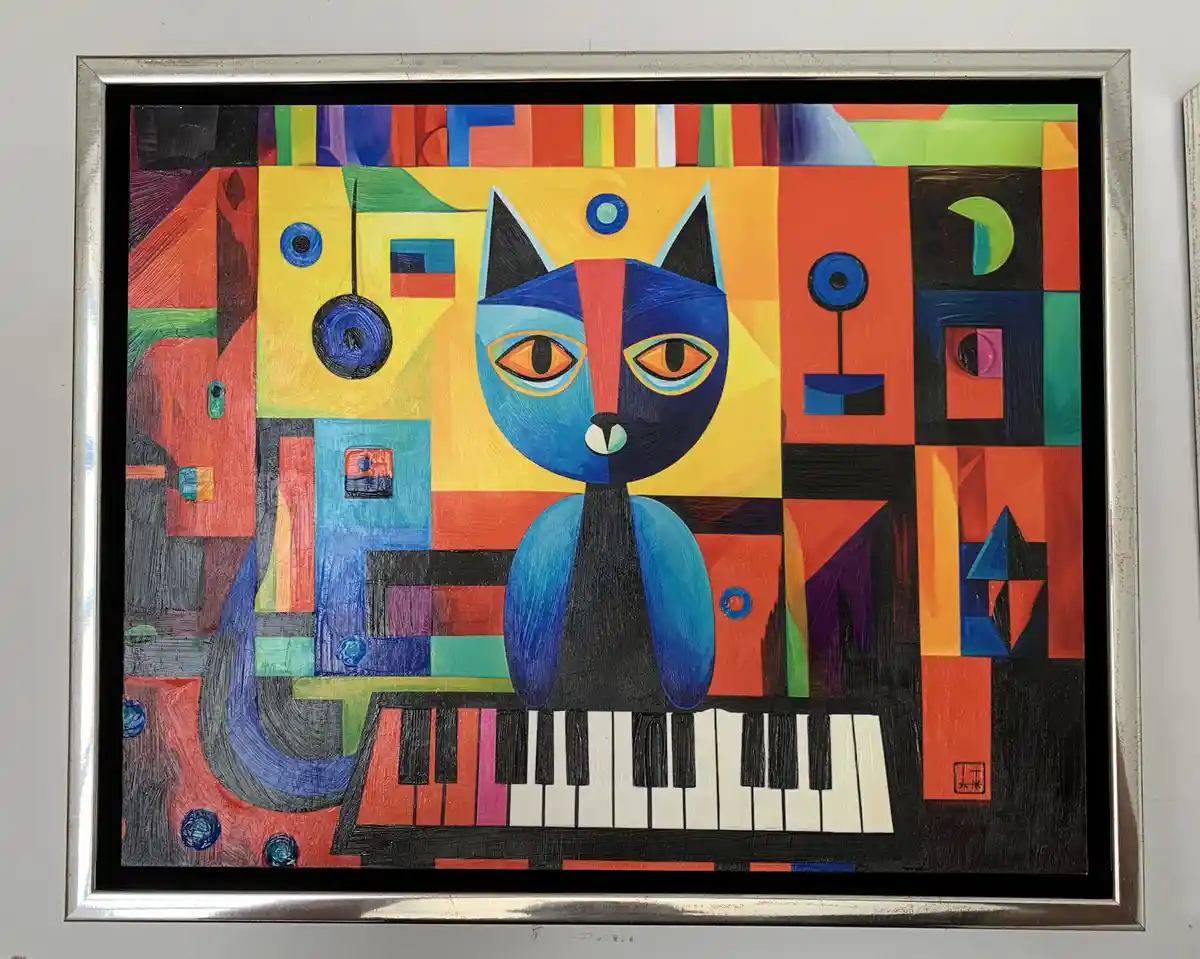 A framed abstract painting depicts a stylized blue cat with orange eyes sitting at a piano keyboard, surrounded by a…