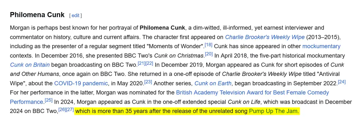 A screenshot of a Wikipedia article about Philomena Cunk, with the final sentence highlighted in yellow. The highlighted…