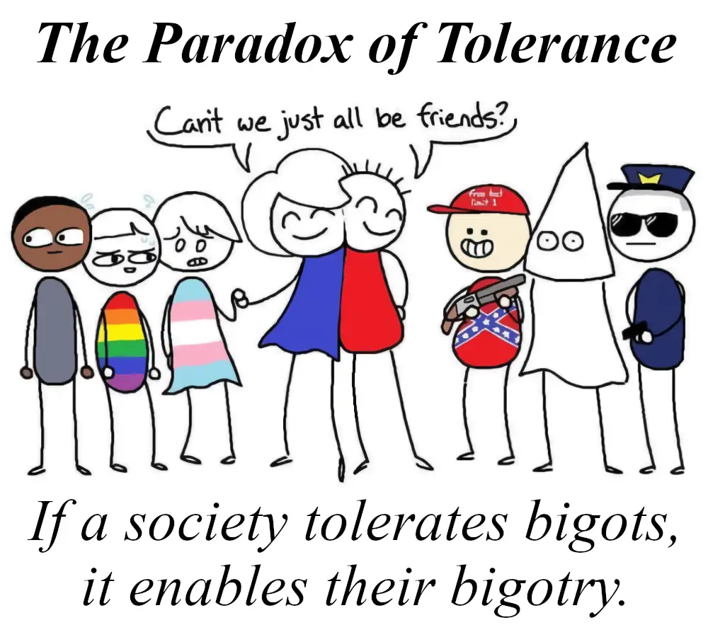 A cartoon drawing shows a group of diverse stick figures, including those with rainbow and pink stripes, standing next to…