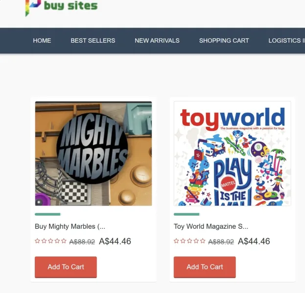 An e-commerce website screenshot showing two products: 'Mighty Marbles' with a black circular logo and a marble track, and…