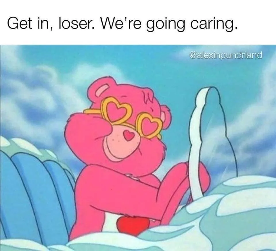 A pink cartoon bear wearing heart-shaped glasses and a red heart on its chest is driving a vehicle through a snowy…