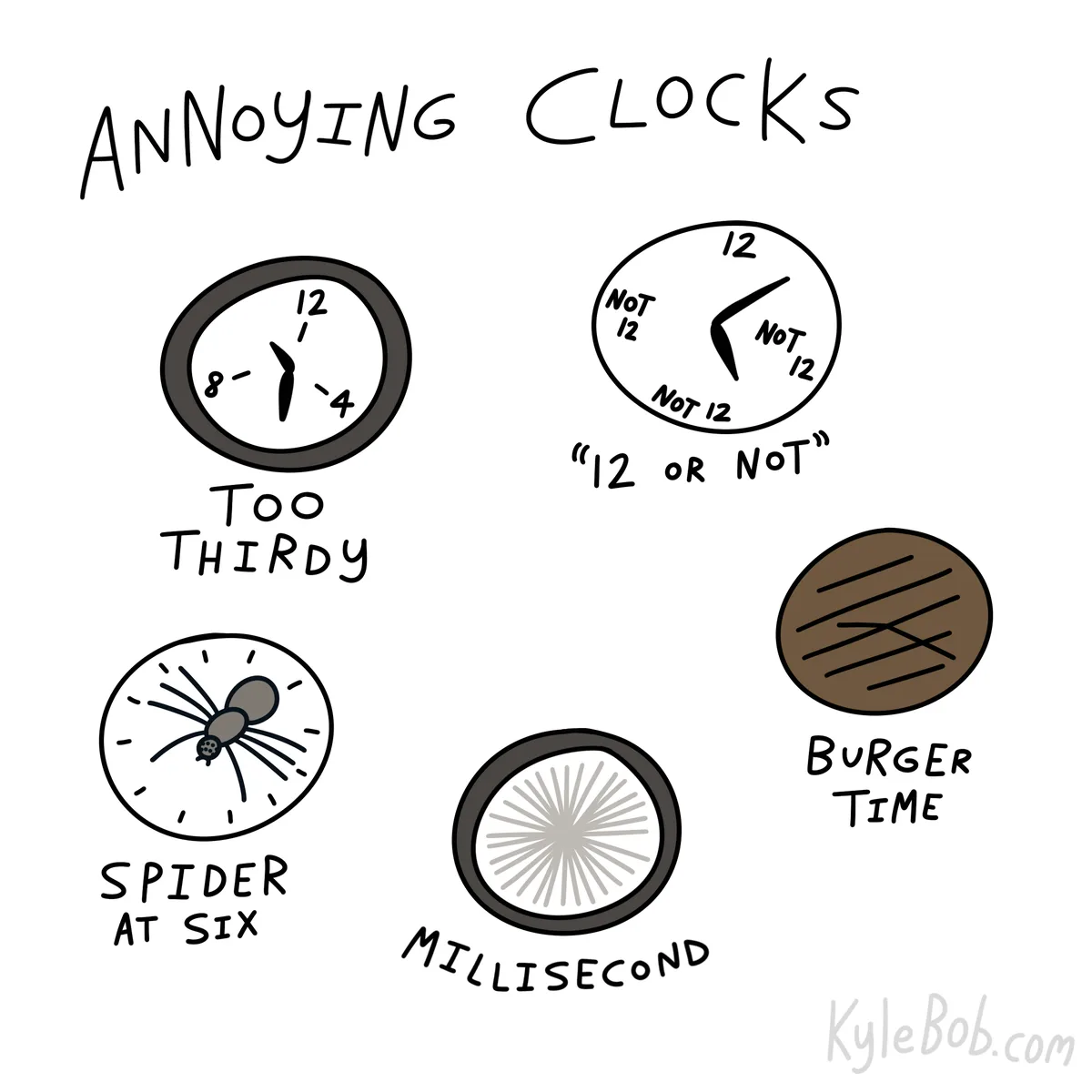 A hand-drawn image titled 'ANNOYING CLOCKS' displays five absurd clock designs: one with only 8, 4, and 12 hour markers…