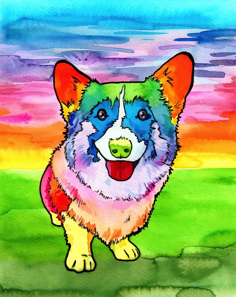 A watercolor painting of a corgi dog with its fur painted in a rainbow of colors, standing on green grass against a colorful…