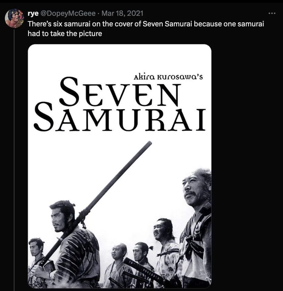 The image shows the black and white movie poster for Akira Kurosawa's 'Seven Samurai,' featuring six samurai in traditional…