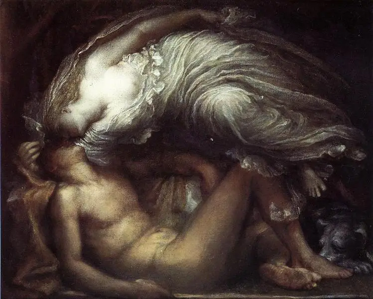 A classical painting depicts a nude man lying down while a draped woman leans over him, her head near his. The overlaid text…