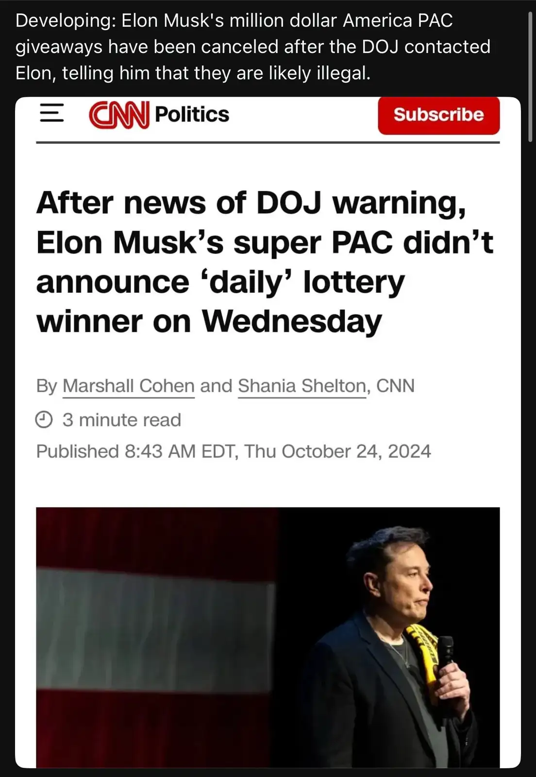 A screenshot of a CNN Politics article headline about Elon Musk's PAC not announcing a lottery winner after a DOJ warning…