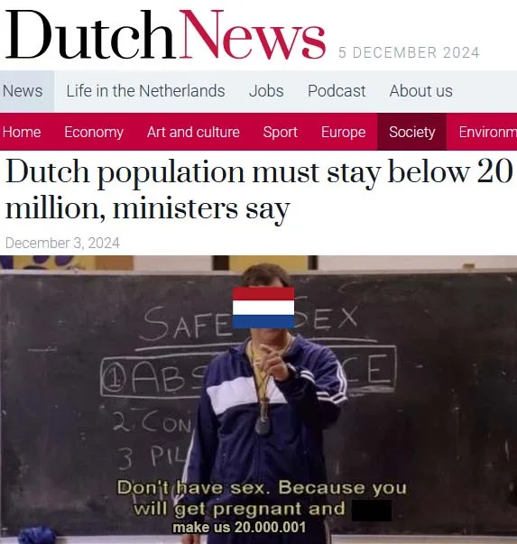 A screenshot of a DutchNews article headline about population limits is overlaid with a photo of a teacher in front of a…
