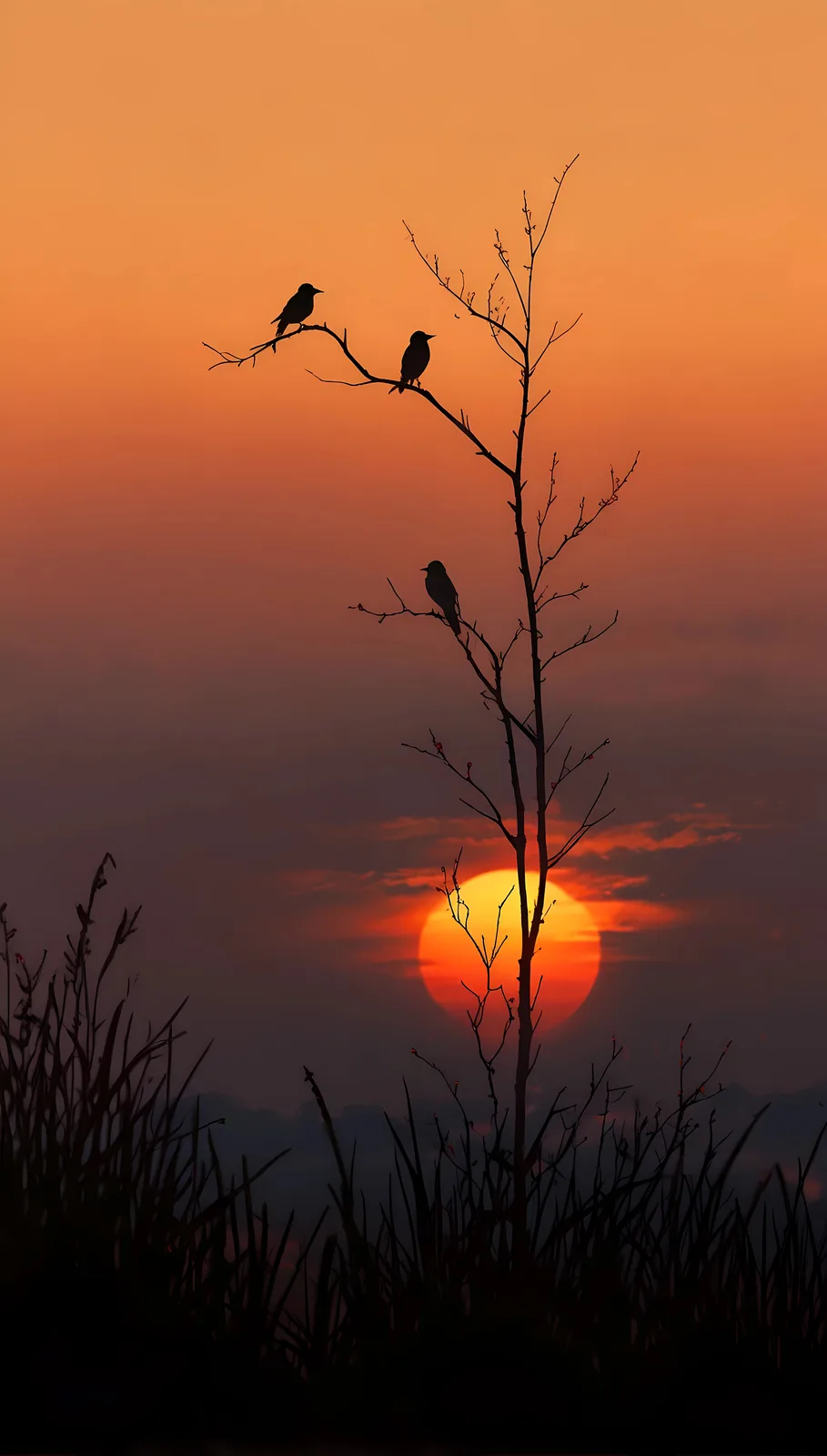 A serene sunset photo shows three birds silhouetted on a bare tree branch against a vibrant orange and red sky with the sun…