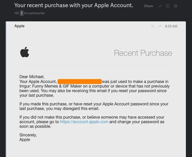 An Apple email notification about a recent purchase, addressed to 'Michael', falsely claims his Apple account was used to…