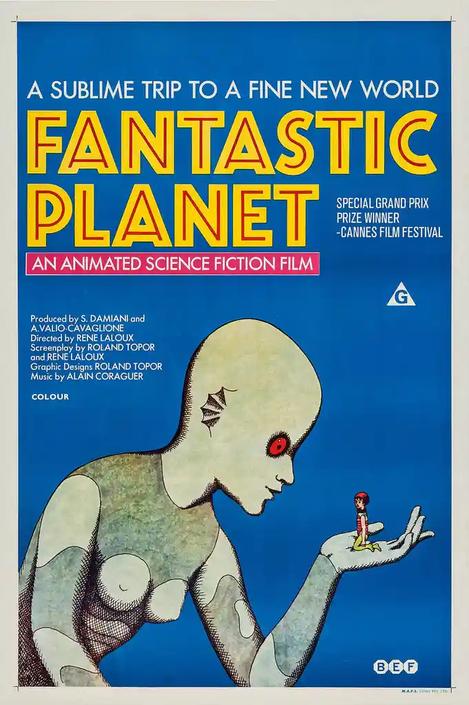 This is a vintage movie poster for the 1973 animated sci-fi film 'Fantastic Planet,' featuring a large, pale alien with a…