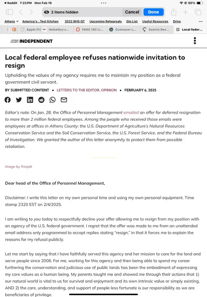 A screenshot of a letter to the editor from the Athens County Independent, dated February 6, 2025, where a federal employee…