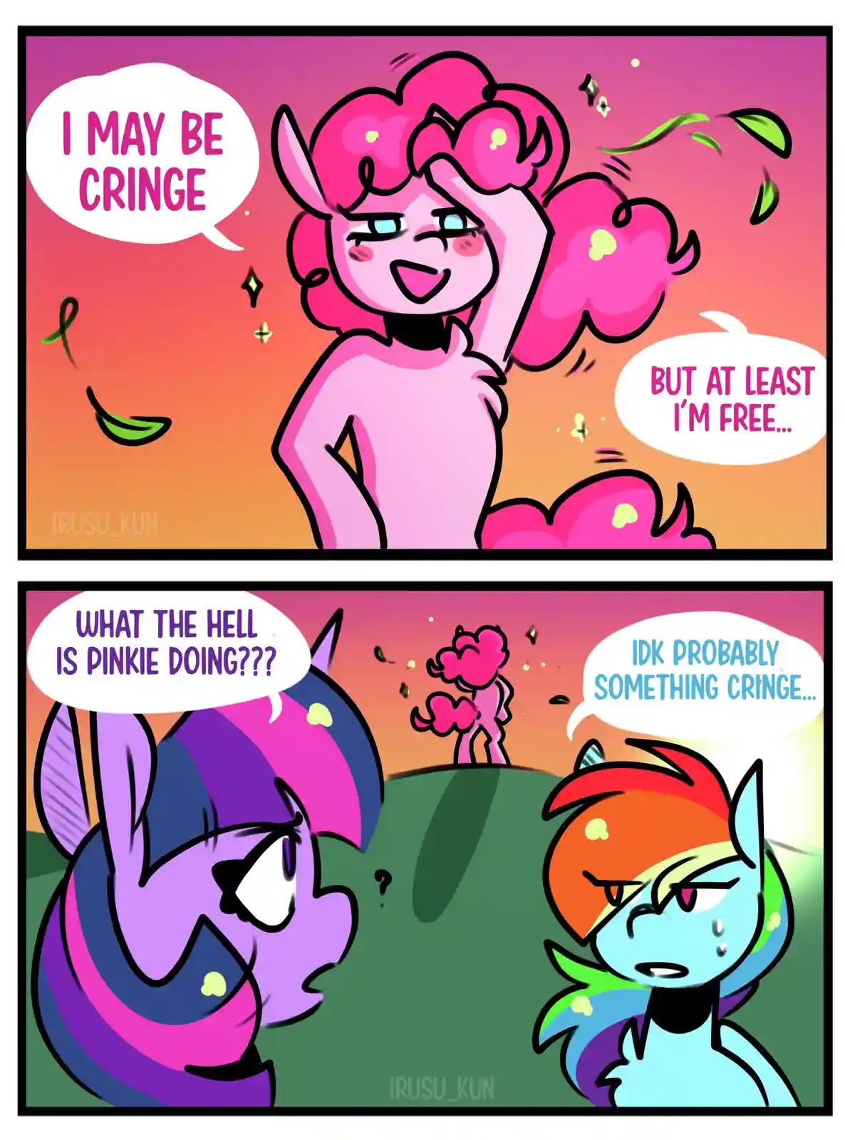 A two-panel comic featuring Pinkie Pie from My Little Pony. In the top panel, she stands confidently with a self-aware…