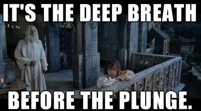 A still from 'The Lord of the Rings' shows Gandalf standing calmly while Frodo leans over a stone balcony, looking anxious…