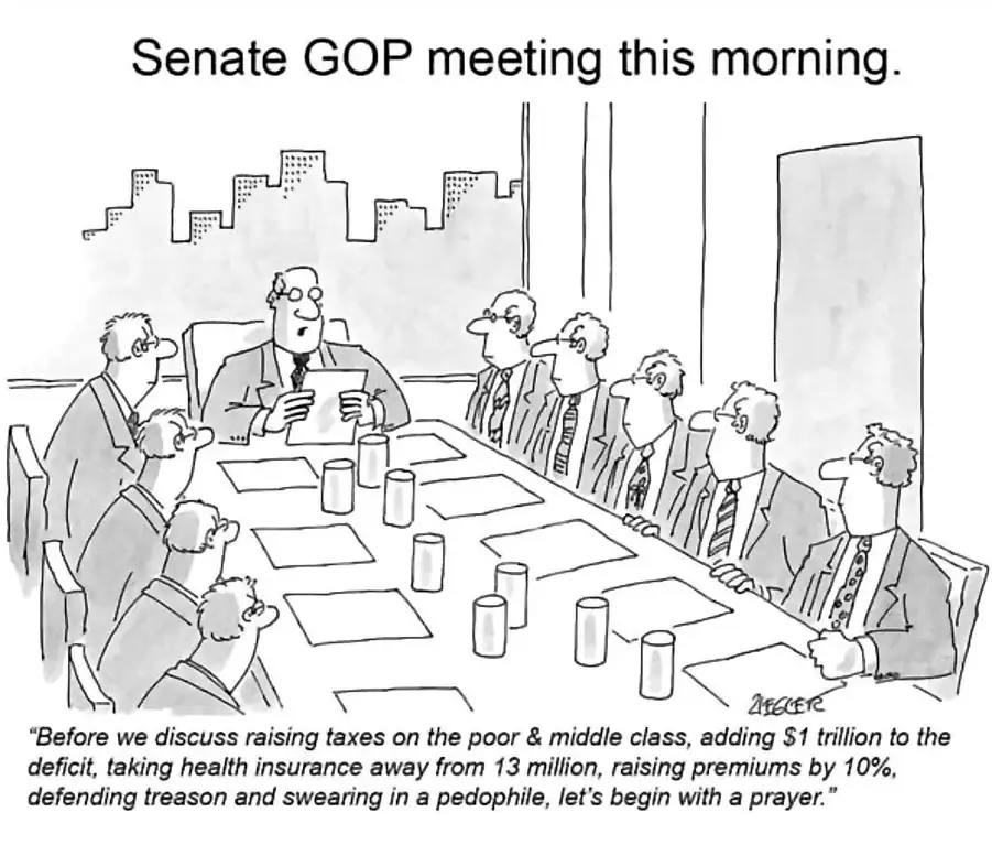 A black-and-white political cartoon depicts a Senate GOP meeting with a man at the head of a long table reading from a paper…