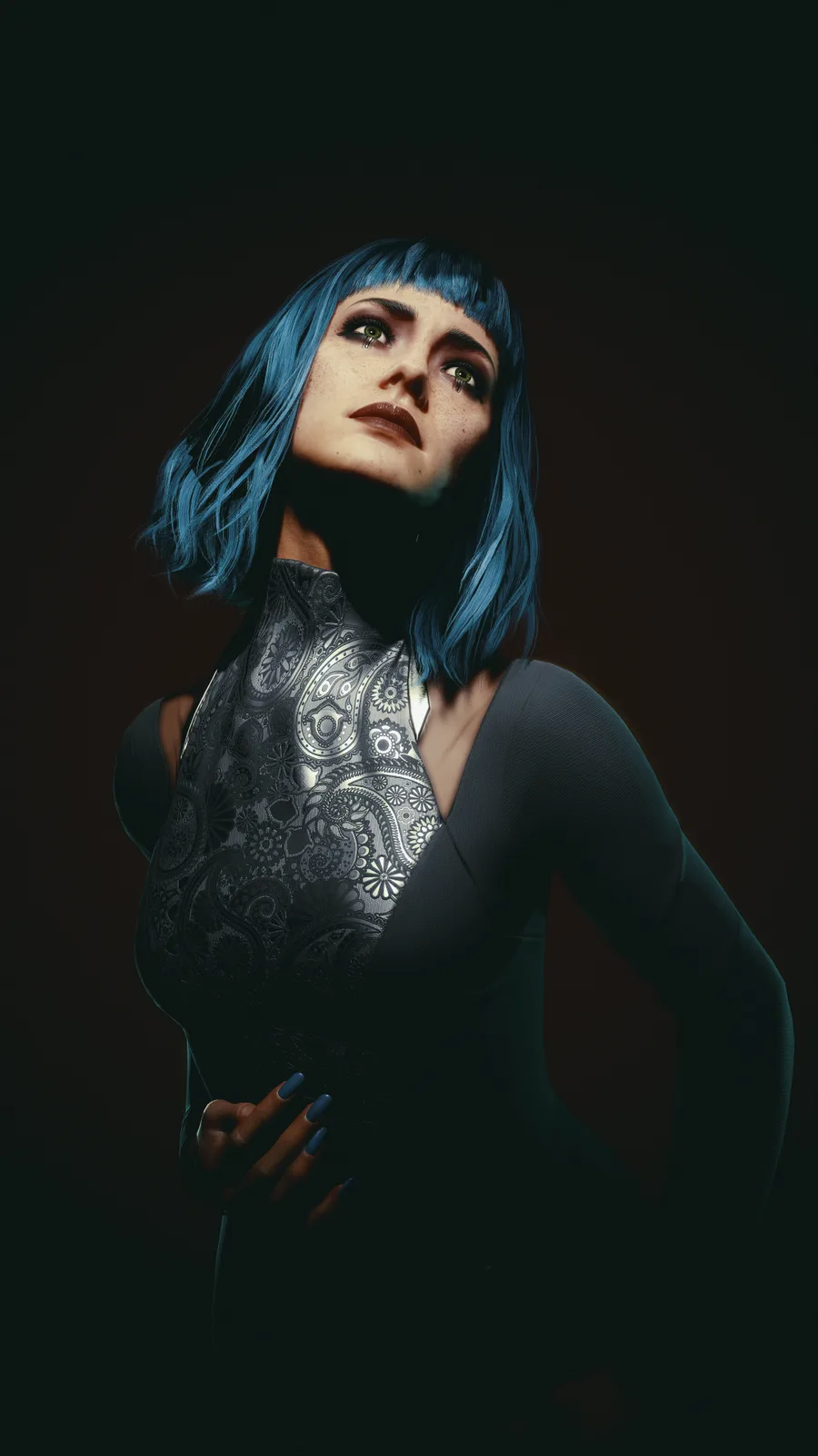 A woman with blue hair and green eyes looks upward with tears streaming down her cheeks, wearing a dark top with intricate…
