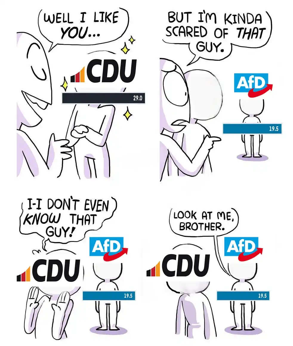 A four-panel comic depicts a person expressing affection for the CDU party (29.0% support) but fear of the AfD party (19.5%…