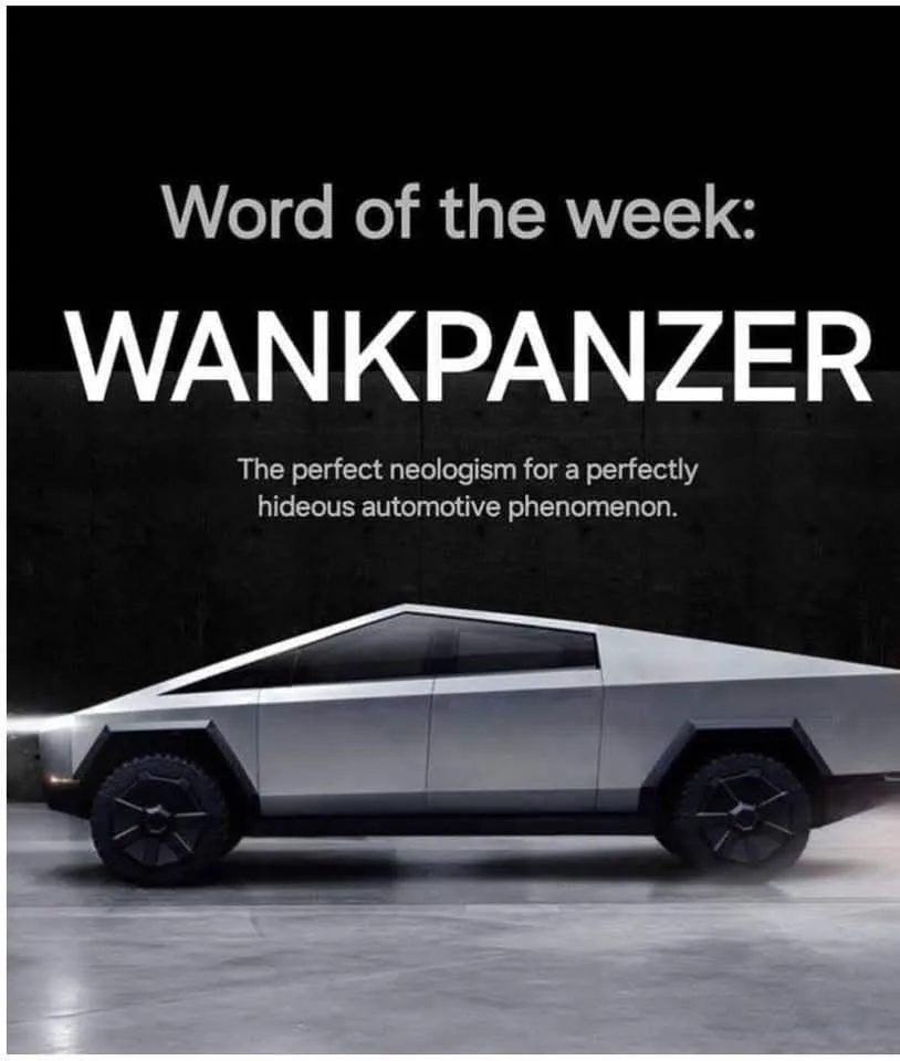 A silver, angular Tesla Cybertruck is shown in profile against a dark background. Overlaid text declares it the 'Word of the…