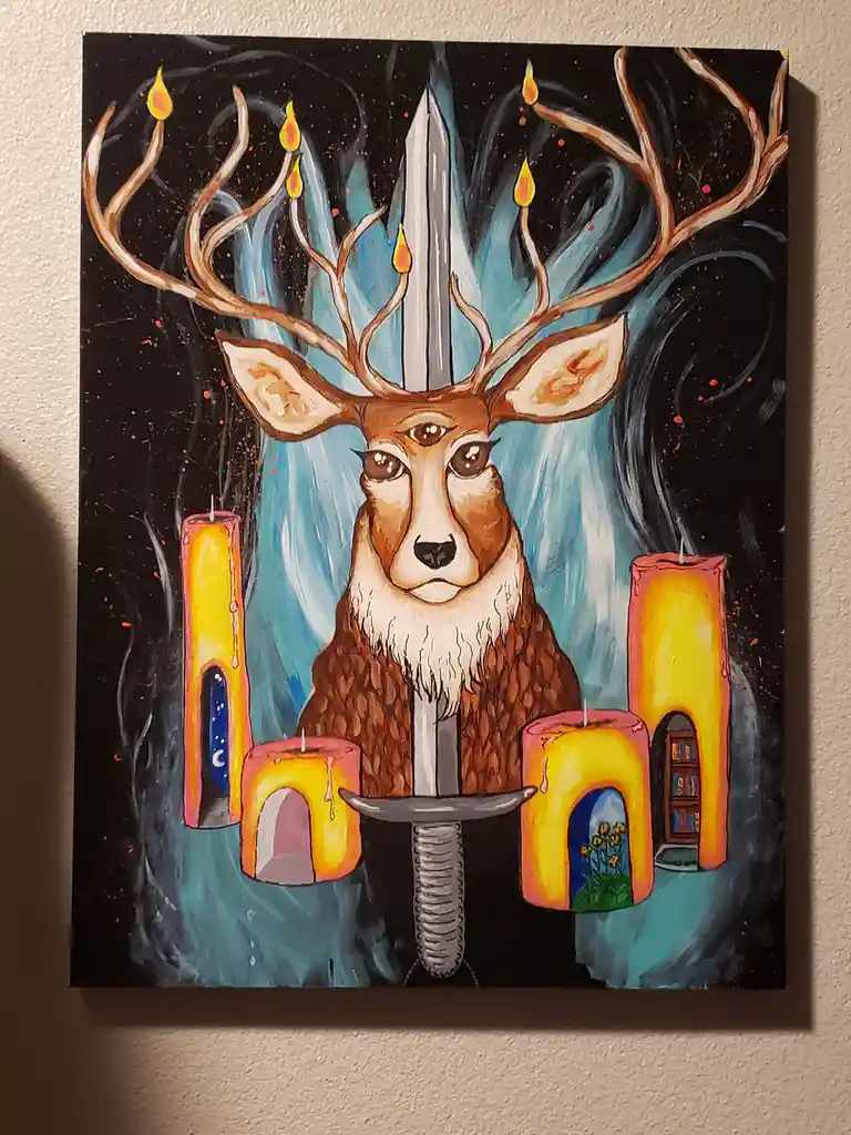 A painting depicts a stylized deer with large antlers, each tipped with a flame, and a sword piercing its chest. The deer…
