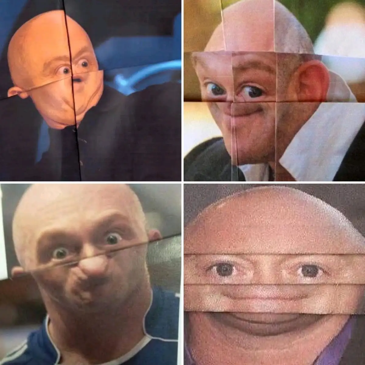 A four-panel image collage shows the same bald man with a comically distorted face, appearing stretched and warped in each…