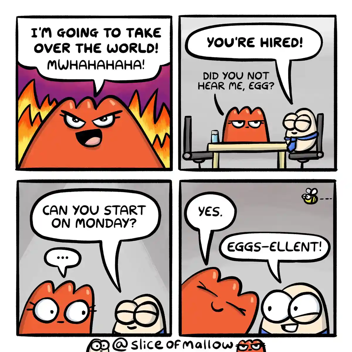 A four-panel comic strip featuring two cartoon characters: a fiery, angry volcano and a calm, egg-shaped figure. In the…