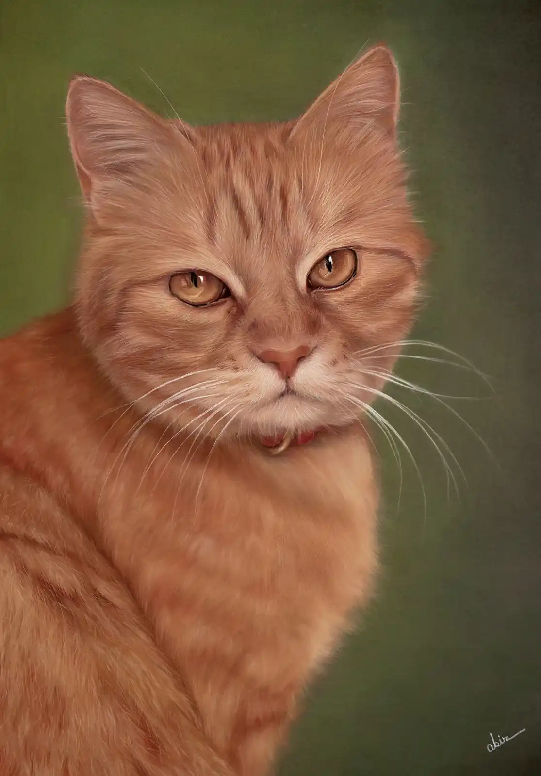 A realistic portrait painting of an orange tabby cat with a stern, unimpressed expression, wearing a red collar against a…