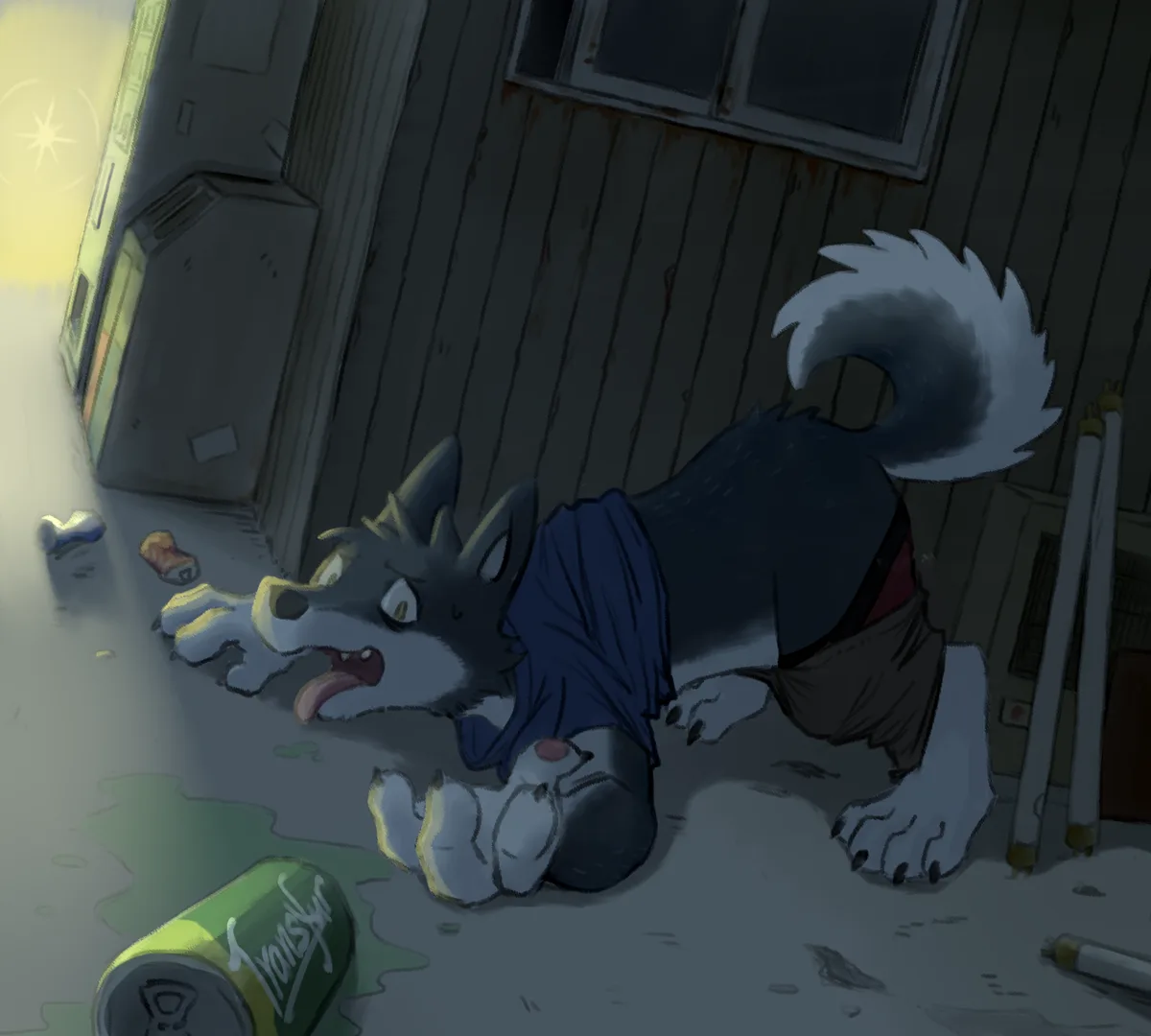 An anthropomorphic husky wearing a blue shirt and brown shorts is sprawled on a dirty floor next to a spilled green can…